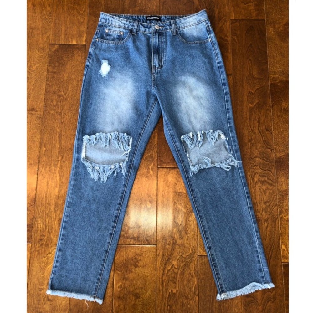 MOMOKROM MEDIUM WASH DISTRESSED RIPPED JEANS. LIKE NEW